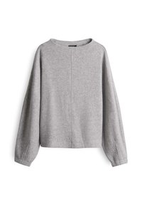 Pullover grigio chiaro a maniche lunghe con scollo tondo e dettagli sulla cucitura centrale, realizzato in morbido tessuto a maglia.