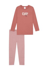 Katoenen pyjama set met lange mouwen in een gedempt roze, met een 'KAT' grafiek op de top en gestreepte broek in roze en wit.