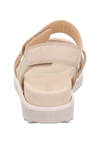 Beige Sandale mit verstellbaren Riemen, gepolstertem Fußbett und einer strukturierten, leichten Gummisohle. Verfügt über eine abgerundete Zehenpartie und minimalistisches Design.