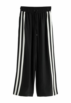 Black wide-leg pants with an elastic waistband and drawstring. Features three vertical white stripes on each side. Soft, smooth fabric texture.