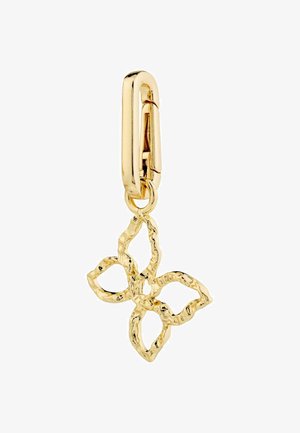 Gouden fleurige charme met een abstract, gestructureerd ontwerp met vier bloemblaadjes, bevestigd aan een platte clip voor eenvoudig bevestigen.