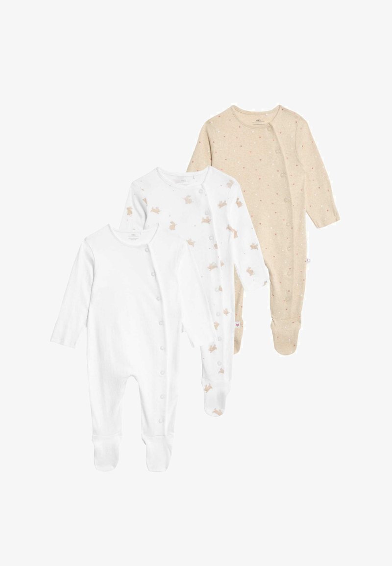 Tre body per neonati a manica lunga: uno bianco puro, uno bianco con stampa di coniglietto e uno beige chiaro con pois rosa. Morbido materiale in cotone.