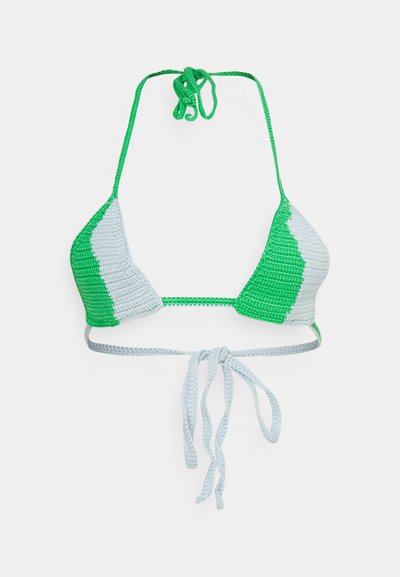 Crochet bikini top featuring a triangular shape, green and light gray color blocks, and adjustable ties made from soft yarn.