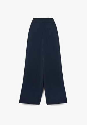 Pantalones anchos de pierna en azul marino con costura central frontal y cintura alta, mostrados planos sobre fondo blanco.