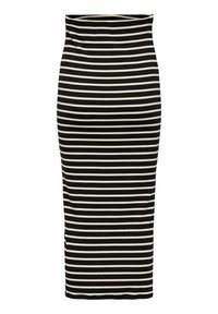 Jupe crayon noire et crème à rayures, offrant une coupe ajustée, une texture côtelée et une taille haute. Idéale pour un style décontracté ou formel.