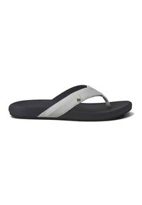 Black flip-flop sandal with gray strap. Strap features a textured fabric and smooth accents. Contoured sole for comfort, minimalist design.