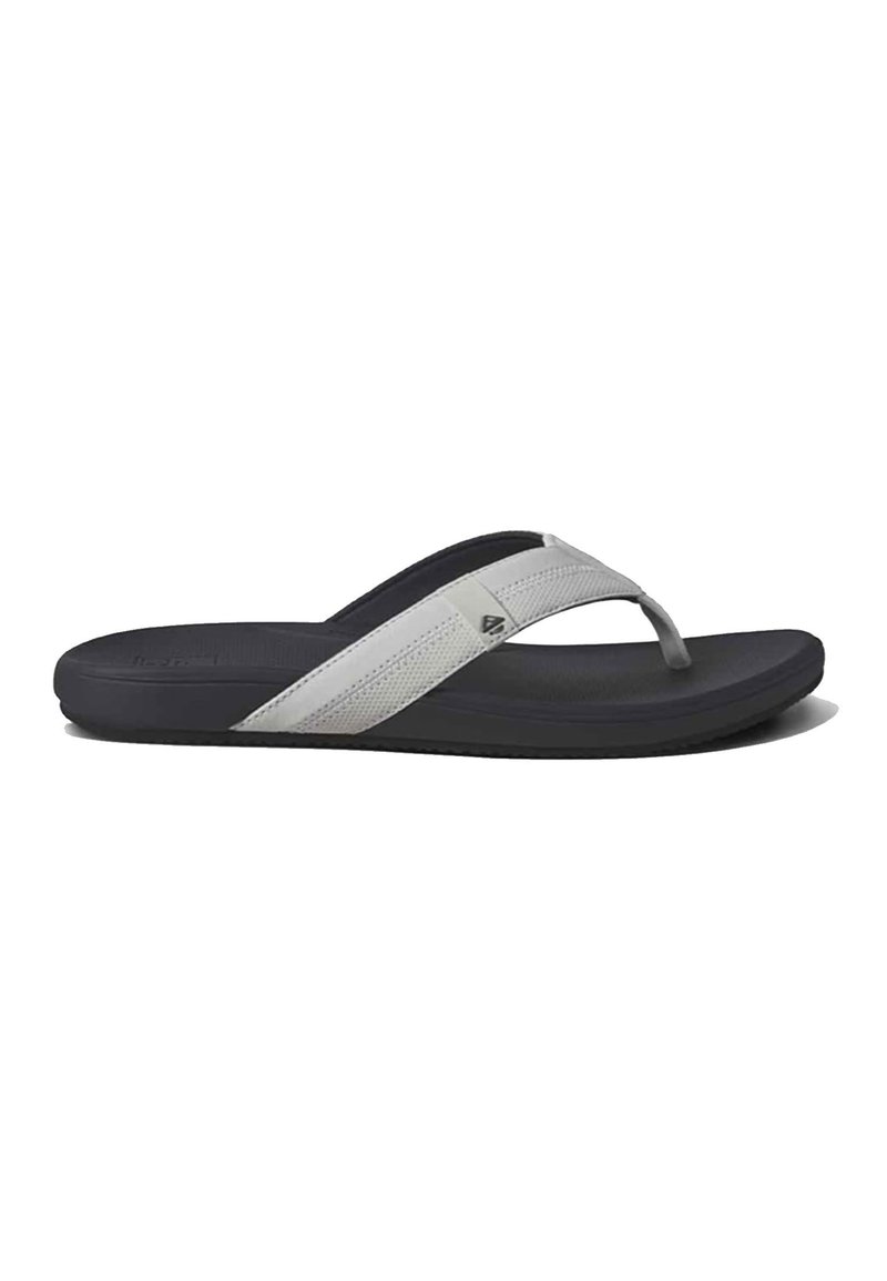 Black flip-flop sandal with gray strap. Strap features a textured fabric and smooth accents. Contoured sole for comfort, minimalist design.