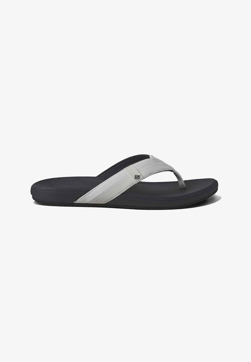 Black flip-flop sandal with gray strap. Strap features a textured fabric and smooth accents. Contoured sole for comfort, minimalist design.