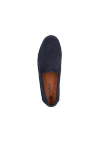 Navy-blaue Wildlederschlupfschuhe mit runder Zehenform und kontrastierenden Nähten. Das Innere ist mit brauner Polsterung und Logoprint ausgestattet.