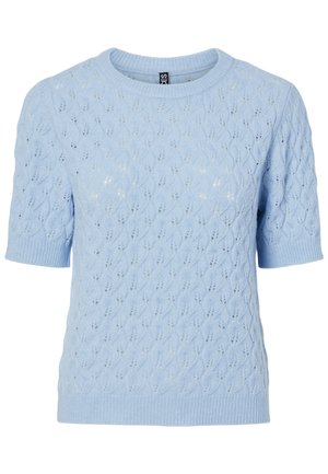 Jasnoniebieski krótki sweter z dzianiny z delikatnym wzorem liści oraz ściągaczami na rękawach, kołnierzu i dole.