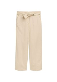 Pantaloni beige a gamba larga con una cintura testurizzata, dotati di due tasche laterali e orlo pulito. Realizzati in tessuto leggero per il massimo comfort.