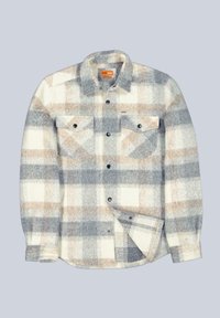 Karierter Flanellhemd in Grau, Weiß und Hellbraun. Mit zwei Brusttaschen, schwarzen Knöpfen und einem weichen, strukturierten Stoff ausgestattet.