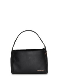 Borsa in pelle nera con finitura testurizzata, di dimensioni medie, dotata di una singola tracolla e un accento logo in tono oro.