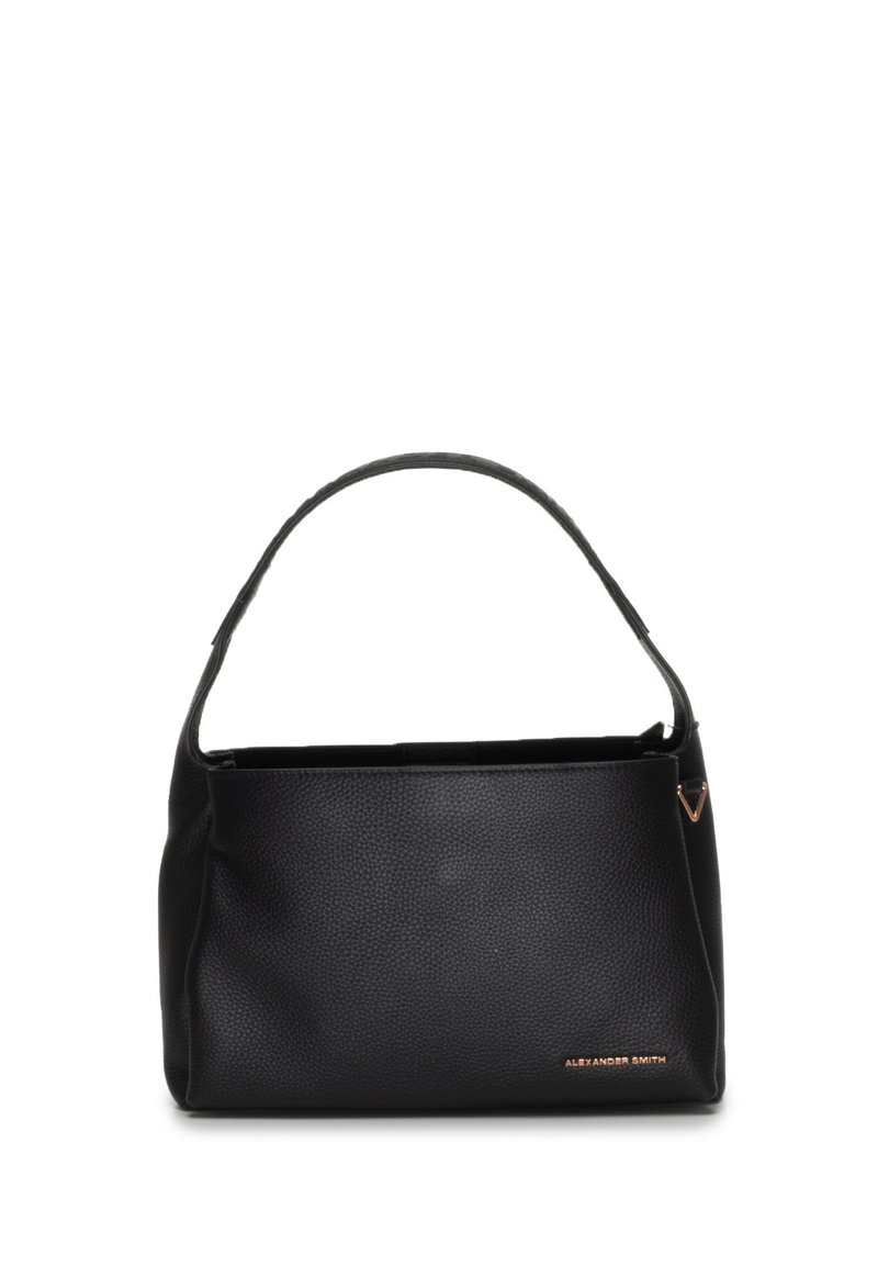 Borsa in pelle nera con finitura testurizzata, di dimensioni medie, dotata di una singola tracolla e un accento logo in tono oro.