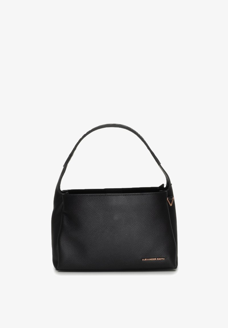 Borsa in pelle nera con finitura testurizzata, di dimensioni medie, dotata di una singola tracolla e un accento logo in tono oro.