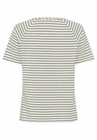 Witte t-shirt met korte mouwen en olijfgroene horizontale strepen, met een ronde hals en rechte zoom. Gladde katoen stof.
