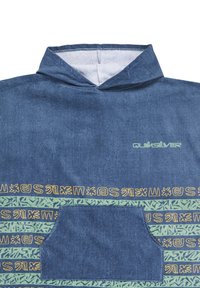 Denim pullover hoodie featuring a green patterned band at the lower half, with a front pocket and a collar design. Quiksilver logo in green.