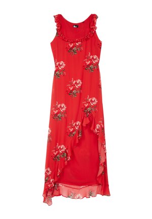 Rød ærmeløs maxikjole med blomsterprint, flæset halsudskæring og asymmetrisk flæsekant.