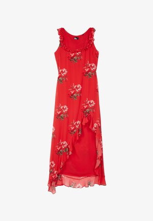 Vestido maxi sin mangas rojo con estampado floral, escote con volantes y bajo asimétrico con volantes.
