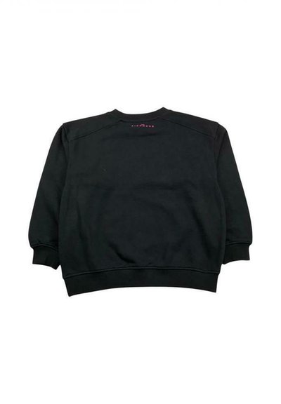 Felpa nera in cotone con polsini e orlo a costine, dotata di un collo rotondo e un piccolo logo rosa sul retro vicino al colletto.