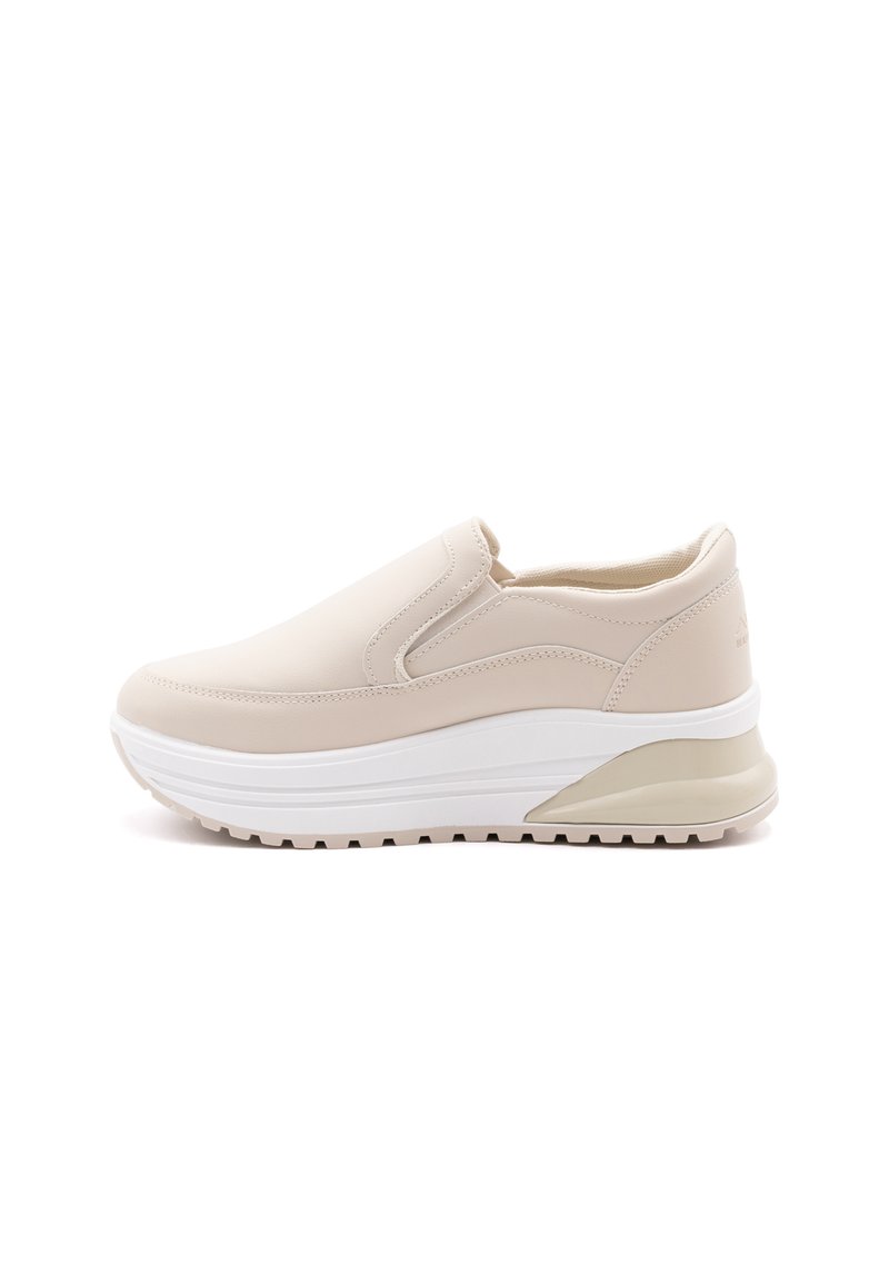 Beige liukasaudadesne pirštinės su lygaus odos viršumi, storu baltu padu ir šviesiai rudi akcentais. Apvalus pirštas ir paminkštintas vidinis dizainas.