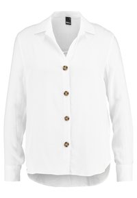 Camicia bianca a maniche lunghe con chiusura a bottoni, caratterizzata da cinque bottoni rotondi marroni e colletto. Tessuto morbido con vestibilità rilassata.