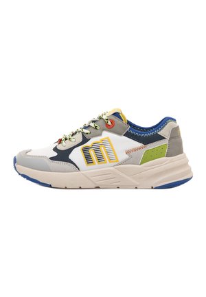 Zapatilla baja con paneles blancos, grises, azul marino, verdes y amarillos, cordones con estampado y una suela blanca gruesa con detalles azules.