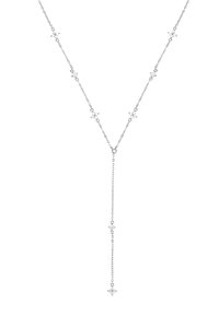 Collier lasso en argent avec une chaîne ornée d'accents en forme d'étoile, chacun serti d'une petite pierre précieuse transparente, créant un design délicat.