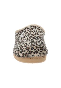 Luipaardprint pantoffel met pluche stof, ronde vorm en een tan rubberen zool. Beschikt over een klein logo-accent nabij de bovenrand.
