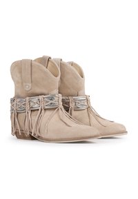 Beige suede ankle boots with fringe detailing, silver accents, and a low stacked heel. Features a rounded toe and decorative laces.