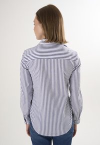 Gestreept blauw-wit overhemd met lange mouwen, voorzien van een kraag, knopen op de rug en een gebogen zoom. De stof lijkt glad en lichtgewicht.