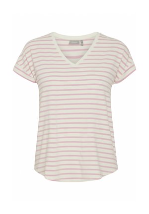 Pruhované tričko v bielej farbe s jemnými ružovými horizontálnymi pruhmi, s výstrihom do V, krátkymi rukávmi a voľným strihom, vyrobené z mäkkej tkaniny.