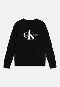 Sweatshirt noir en coton, avec un col rond, des manches longues et un logo blanc central avec le texte "Calvin Klein Jeans".