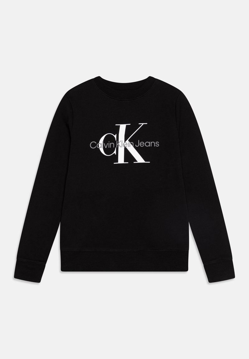 Felpa nera in cotone, con colletto rotondo, maniche lunghe e un logo centrale bianco con il testo "Calvin Klein Jeans".