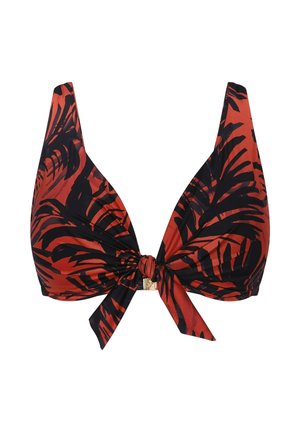 Czerwony top od bikini z czarnym tropikalnym wzorem liści, szerokie ramiączka oraz detal wiązania z przodu z metalową klamrą.