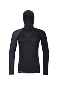 Black long-sleeve base layer with attached hood. Made from smooth, lightweight material, featuring contrasting textured accents on sleeves.