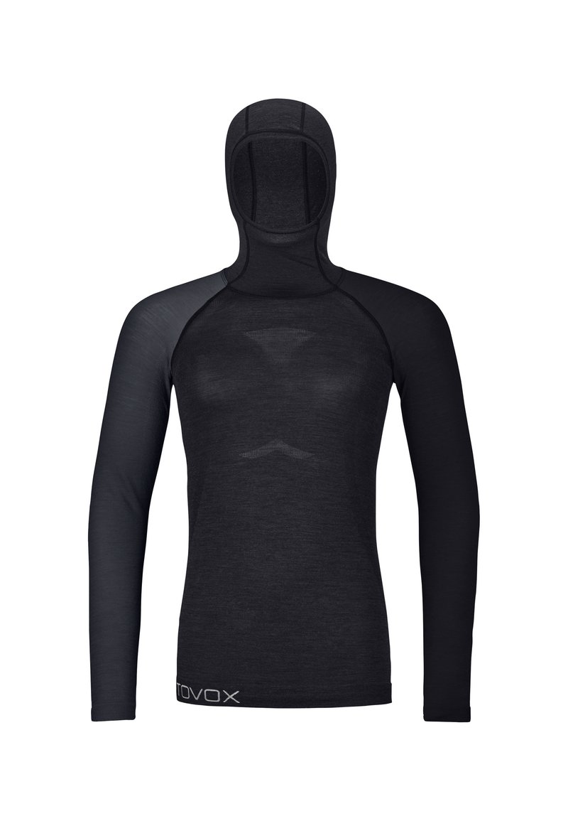 Black long-sleeve base layer with attached hood. Made from smooth, lightweight material, featuring contrasting textured accents on sleeves.