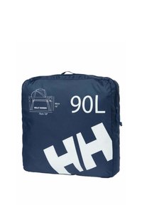 Marineblauwe 90L sporttas met een groot wit logo, ritssluiting en draaghandvat. Afmetingen: 75cm x 40cm x 30cm. Voorzien van technische tekeningen.