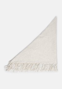 Lichtgrijze driehoekige deken van zacht stof, met franjes aan de randen en een subtiele textuur. Ideaal voor overlappen of decoratief gebruik.
