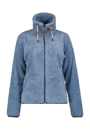 Giacca in pile azzurro chiaro con collo alto, cerniera frontale completa, coulisse con dettagli in pelle e maniche lunghe.