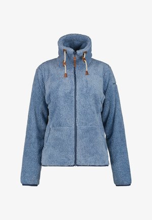 Veste polaire bleu clair avec col montant, fermeture éclair intégrale à l'avant, cordons de serrage avec accents en cuir et manches longues.