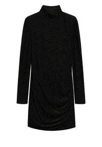 Robe noire courte à manches longues avec col montant, texture subtile à motif zébré et léger effet froncé sur un côté.