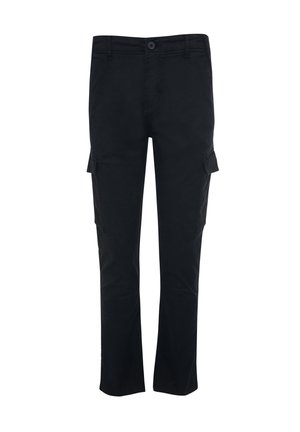 Pantalones cargo negros de algodón, con un diseño de pierna recta, cierre de botón y dos bolsillos laterales con solapas.