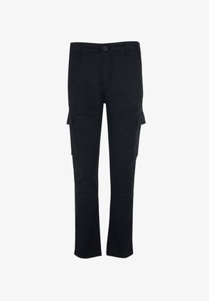 Sorte cargo-bukser lavet af bomuld, med lige ben-design, knaplukning og to sidelommer med klapper.