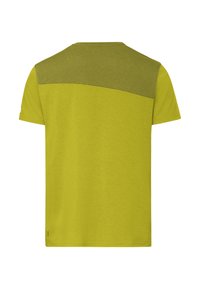 T-shirt à manches courtes avec un panneau supérieur du dos en vert olive et une section inférieure en vert plus clair, vu de dos.
