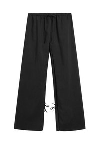 Black wide-leg pants with elastic waistband and drawstring ties at the front and lower leg slits with small bows.