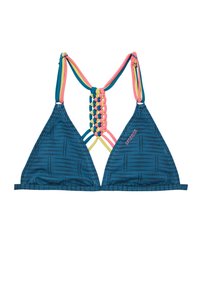 Top bikini blu con motivo a triangolo, spalline intrecciate multicolori sul retro e superficie liscia. Presenta il logo del marchio.