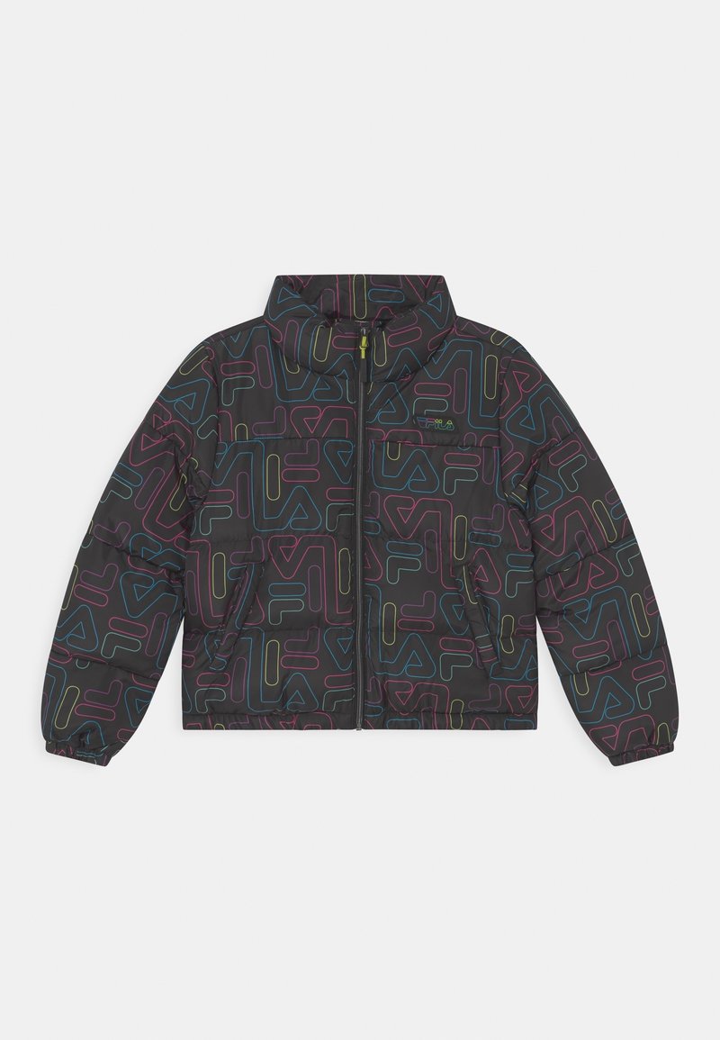Veste matelassée noire avec motif de logo à contour multicolore, col montant, fermeture éclair à l'avant, poignets élastiques et deux poches latérales.