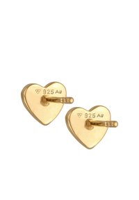 Orecchini a bottone a forma di cuore placcati in oro, con superficie liscia e marchiati "925 Ag" per il contenuto d'argento, dotati di chiusura a perno dritto.