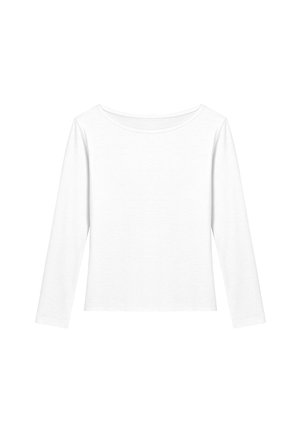 Haut à manches longues blanc en coton doux. Présente un col rond et une coupe décontractée. Design simple sans motifs ni accents.